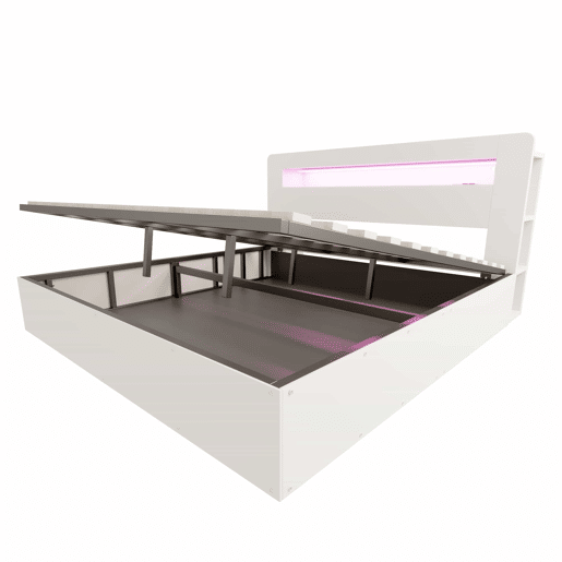 Cama de plataforma 180x200 - com arrumação, sistema hidráulico, cabeceira com LED e tomadas integradas - branca