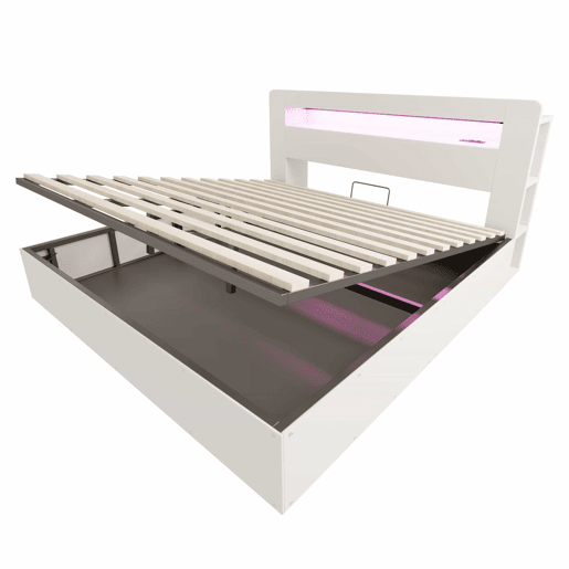 Cama de plataforma 180x200 - com arrumação, sistema hidráulico, cabeceira com LED e tomadas integradas - branca