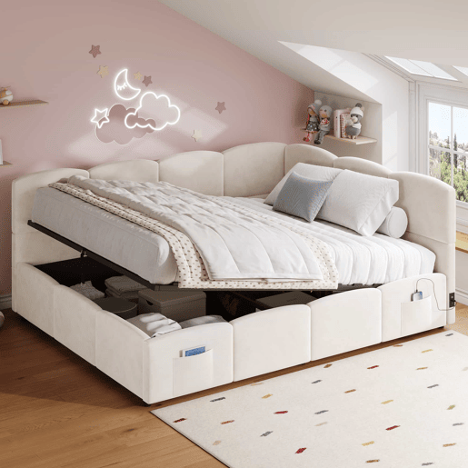 Cama estofada multifuncional 140x200 cm - com base de ripas, porta-carregador USB, bolso de arrumação, cama infantil, cama juvenil, cama de dia e sofá-cama, veludo - bege