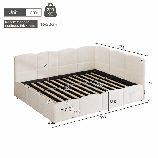 Cama estofada multifuncional 140x200 cm - com base de ripas, porta-carregador USB, bolso de arrumação, cama infantil, cama juvenil, cama de dia e sofá-cama, veludo - bege