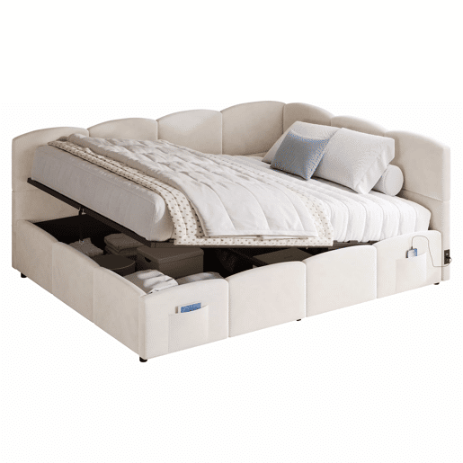 Cama estofada multifuncional 140x200 cm - com base de ripas, porta-carregador USB, bolso de arrumação, cama infantil, cama juvenil, cama de dia e sofá-cama, veludo - bege