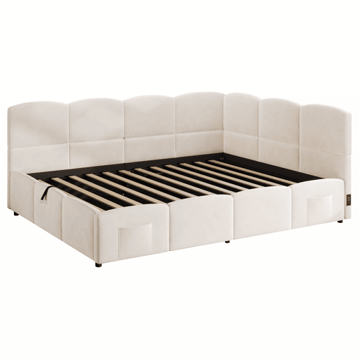 Cama estofada multifuncional 140x200 cm - com base de ripas, porta-carregador USB, bolso de arrumação, cama infantil, cama juvenil, cama de dia e sofá-cama, veludo - bege