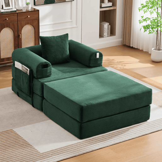 Sofá-cama individual - Design ergonómico, estrutura metálica resistente, almofadas confortáveis, inclui bolso lateral - Verde esmeralda