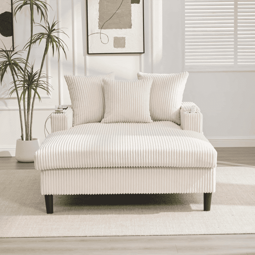 Sofá Lounge Multifuncional com Chaise Longue - Ampla Superfície de Descanso, Porta-copos em Ambos os Lados, Iluminação LED, Bolso Lateral, Porta USB, Espaço de Arrumo, Pés de Plástico Estáveis - Bege - 1 Lugar