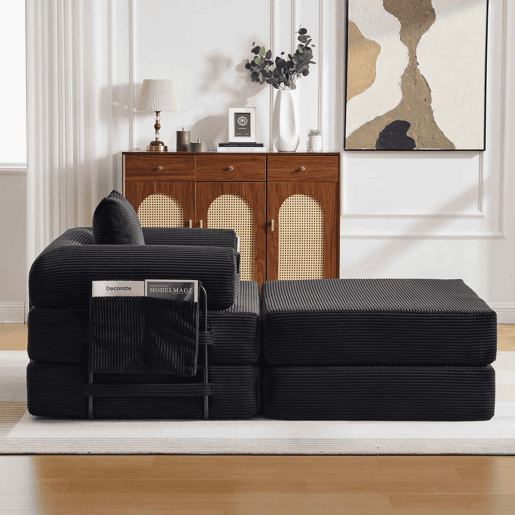 Sofá-cama individual de 1 lugar - design ergonómico, estrutura metálica resistente, almofada incluída - preto