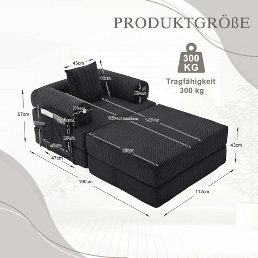 Sofá-cama individual de 1 lugar - design ergonómico, estrutura metálica resistente, almofada incluída - preto