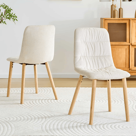 Conjunto de 2 cadeiras de jantar de 88 cm - estofadas em tecido plissado, pernas em madeira maciça, estilo nórdico moderno - branco e madeira