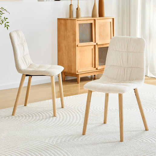Conjunto de 2 cadeiras de jantar de 88 cm - estofadas em tecido plissado, pernas em madeira maciça, estilo nórdico moderno - branco e madeira