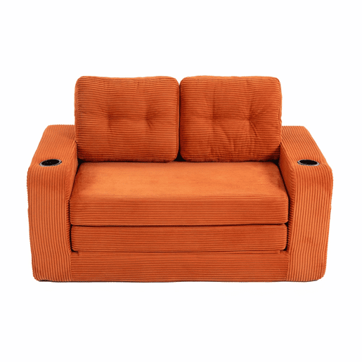 Sofá pufe de 2 lugares - sofá sem estrutura convertível com porta-copos, bolsos laterais, almofadas acolchoadas e encosto - laranja