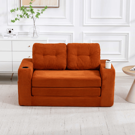 Sofá pufe de 2 lugares - sofá sem estrutura convertível com porta-copos, bolsos laterais, almofadas acolchoadas e encosto - laranja