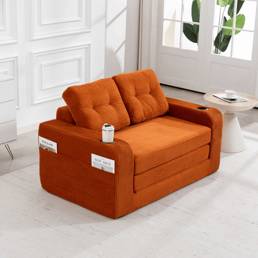 Sofá pufe de 2 lugares - sofá sem estrutura convertível com porta-copos, bolsos laterais, almofadas acolchoadas e encosto - laranja