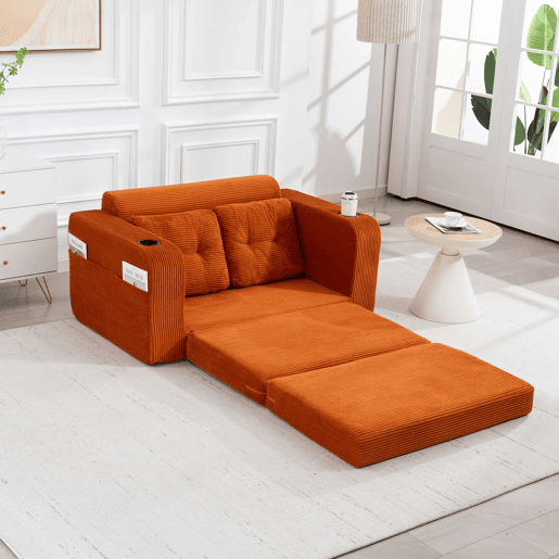 Sofá pufe de 2 lugares - sofá sem estrutura convertível com porta-copos, bolsos laterais, almofadas acolchoadas e encosto - laranja