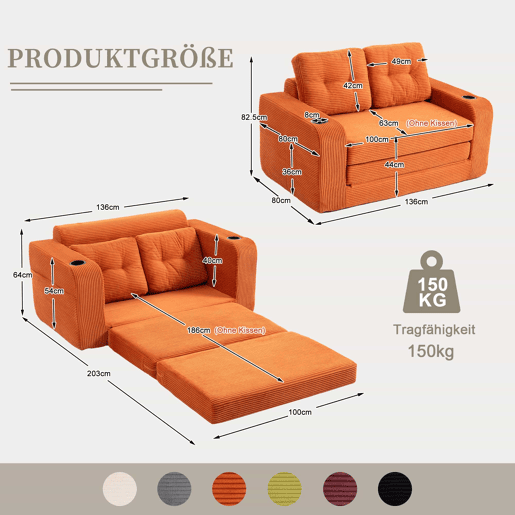 Sofá pufe de 2 lugares - sofá sem estrutura convertível com porta-copos, bolsos laterais, almofadas acolchoadas e encosto - laranja