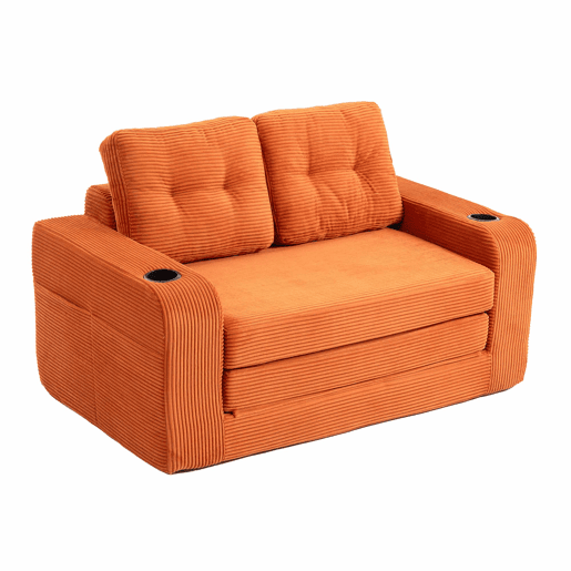 Sofá pufe de 2 lugares - sofá sem estrutura convertível com porta-copos, bolsos laterais, almofadas acolchoadas e encosto - laranja