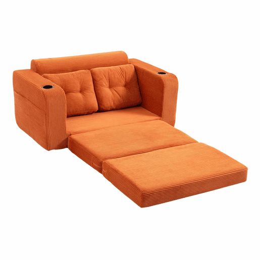 Sofá pufe de 2 lugares - sofá sem estrutura convertível com porta-copos, bolsos laterais, almofadas acolchoadas e encosto - laranja