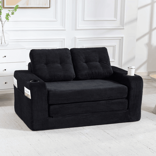 Sofá pufe modular de 2 lugares - conversível, sem estrutura, com porta-copos, bolsos laterais e almofadas acolchoadas com encosto - preto