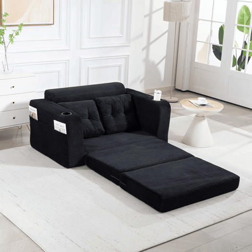 Sofá pufe modular de 2 lugares - conversível, sem estrutura, com porta-copos, bolsos laterais e almofadas acolchoadas com encosto - preto