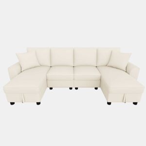 Sofá modular em U de 280 cm - Chenille, 2 lugares com 2 chaise longues, baú de arrumação e almofadas - Bege