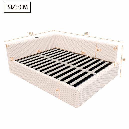 Cama estofada 140x200 cm - LED, USB, encosto em L, veludo, baú hidráulico - Bege