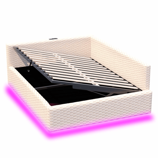 Cama estofada 140x200 cm - LED, USB, encosto em L, veludo, baú hidráulico - Bege