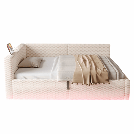 Cama estofada 140x200 cm - LED, USB, encosto em L, veludo, baú hidráulico - Bege