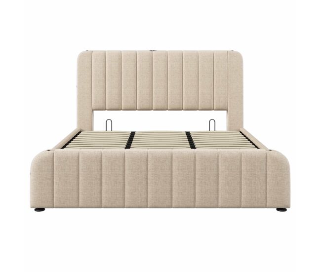 Cama tapizada 180x200 cm - cabecero acolchado con tiras doradas, función de carga usb tipo-c, almacenamiento hidráulico - beige