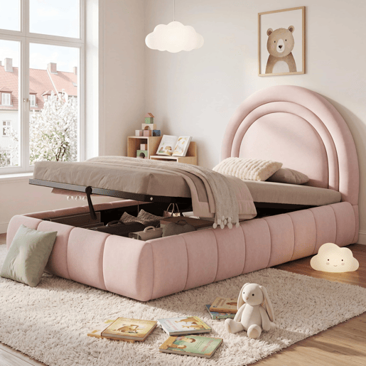 Cama infantil estofada 90x200 cm - cama individual funcional com sistema hidráulico, base de colchão, cabeceira acolchoada e amplo espaço de arrumação em veludo - rosa