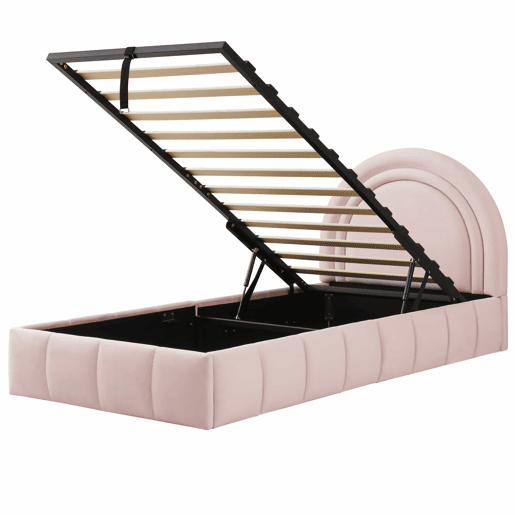 Cama infantil estofada 90x200 cm - cama individual funcional com sistema hidráulico, base de colchão, cabeceira acolchoada e amplo espaço de arrumação em veludo - rosa