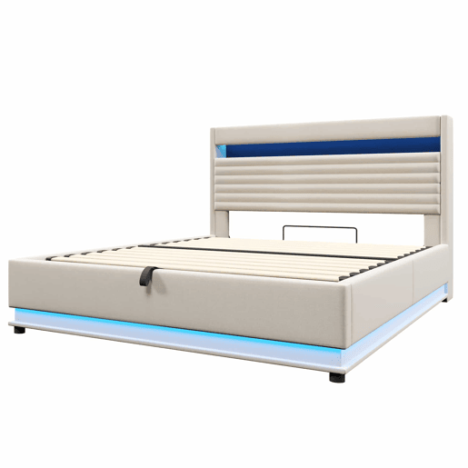 Cama estofada 180x200 cm - com função de carregamento USB Tipo-C, iluminação LED, armazenamento hidráulico, compartimento Flip-Top, sem colchão, controlo por botãoaplicação, linho - bege