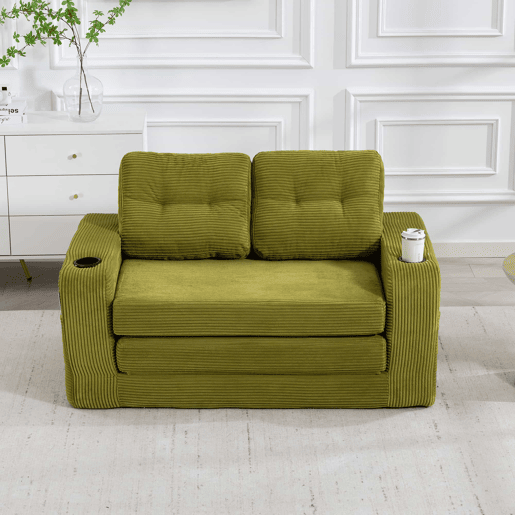 Sofá pufe de 2 lugares - conversível, sem estrutura, com porta-copos e bolsos laterais, almofadas acolchoadas com encosto - verde-oliva