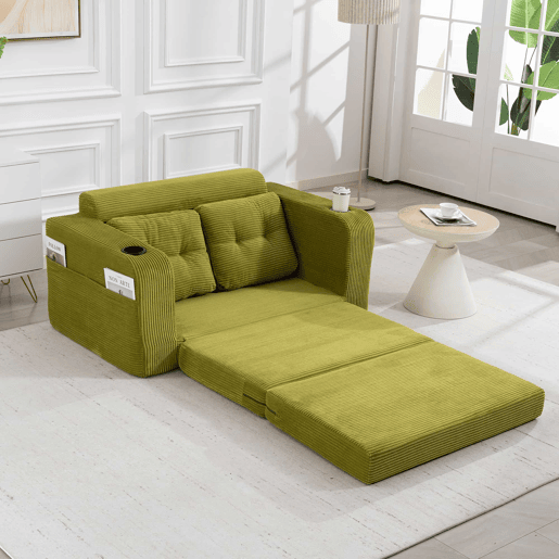 Sofá pufe de 2 lugares - conversível, sem estrutura, com porta-copos e bolsos laterais, almofadas acolchoadas com encosto - verde-oliva