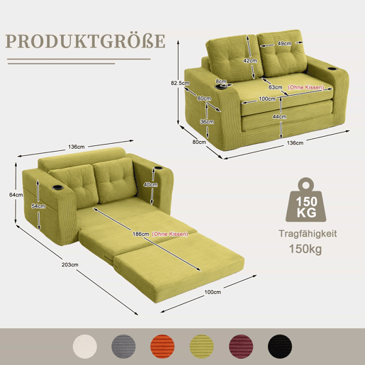 Sofá pufe de 2 lugares - conversível, sem estrutura, com porta-copos e bolsos laterais, almofadas acolchoadas com encosto - verde-oliva