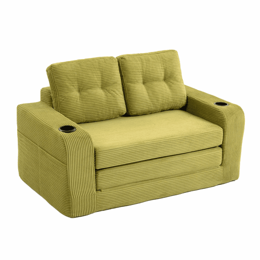 Sofá pufe de 2 lugares - conversível, sem estrutura, com porta-copos e bolsos laterais, almofadas acolchoadas com encosto - verde-oliva
