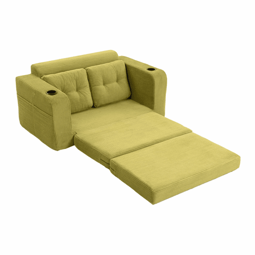 Sofá pufe de 2 lugares - conversível, sem estrutura, com porta-copos e bolsos laterais, almofadas acolchoadas com encosto - verde-oliva