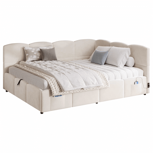 Cama estofada multifuncional 140 x 190 cm - com base de colchão, porta USB, arrumação, bolsos laterais, sofá-cama, veludo - bege