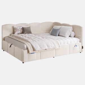 Cama estofada multifuncional 140 x 190 cm - com base de colchão, porta USB, arrumação, bolsos laterais, sofá-cama, veludo - bege