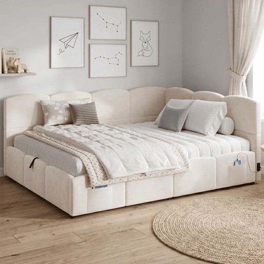Cama estofada multifuncional 140 x 190 cm - com base de colchão, porta USB, arrumação, bolsos laterais, sofá-cama, veludo - bege