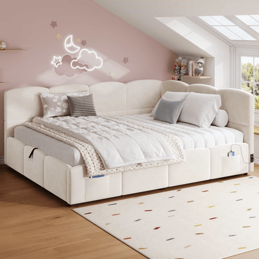 Cama estofada multifuncional 140 x 190 cm - com base de colchão, porta USB, arrumação, bolsos laterais, sofá-cama, veludo - bege