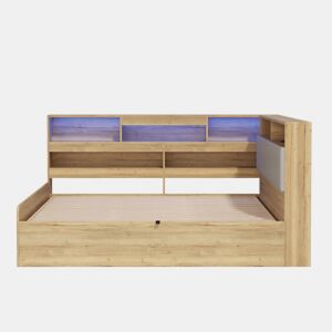 Cama individual 140x200 cm - cama juvenil com arrumação hidráulica, LED e porta USB - cor natural