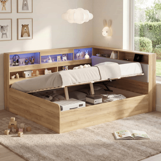 Cama individual 140x200 cm - cama juvenil com arrumação hidráulica, LED e porta USB - cor natural