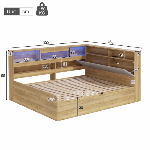 Cama individual 140x200 cm - cama juvenil com arrumação hidráulica, LED e porta USB - cor natural