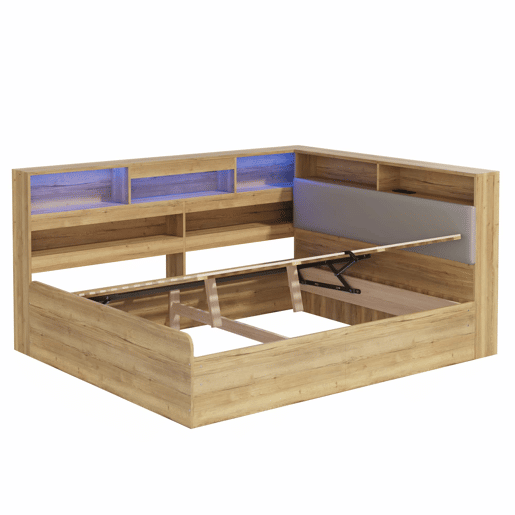 Cama individual 140x200 cm - cama juvenil com arrumação hidráulica, LED e porta USB - cor natural