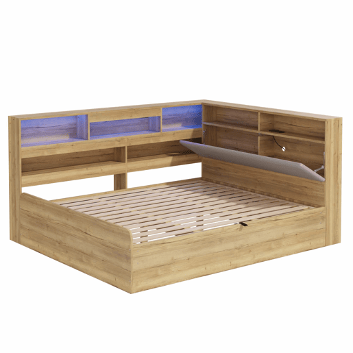 Cama individual 140x200 cm - cama juvenil com arrumação hidráulica, LED e porta USB - cor natural
