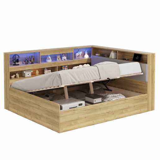 Cama individual 140x200 cm - cama juvenil com arrumação hidráulica, LED e porta USB - cor natural