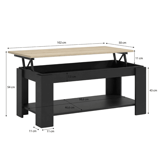 Mesa de centro com arrumação 102x43-54 cm Lya Negro Mate - Roble Canadian 50 x 54 x 50 cm Mesa de centro com arrumação 102x43-54 cm Lya Negro Mate - Roble Canadian 50 x 54 x 50 cm