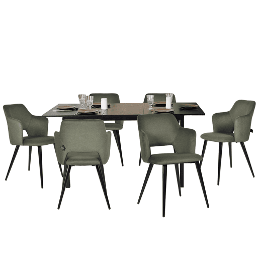 MEUBLES COSY Conjunto Jantar Mesa Extensível 120-160 cm e Conjunto de 6 Cadeiras com Apoios de Braços, Tecido Pet-Friendly, Preto e Verde Claro
