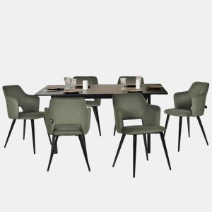MEUBLES COSY Conjunto Jantar Mesa Extensível 120-160 cm e Conjunto de 6 Cadeiras com Apoios de Braços, Tecido Pet-Friendly, Preto e Verde Claro