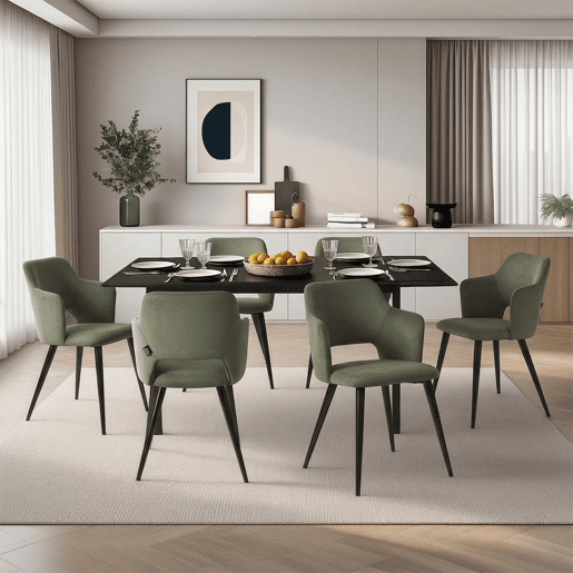MEUBLES COSY Conjunto Jantar Mesa Extensível 120-160 cm e Conjunto de 6 Cadeiras com Apoios de Braços, Tecido Pet-Friendly, Preto e Verde Claro