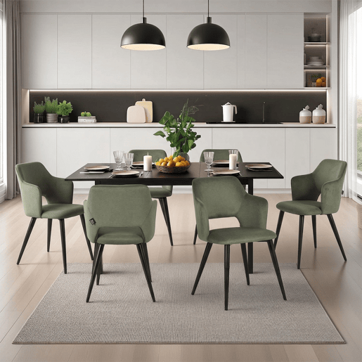 MEUBLES COSY Conjunto Jantar Mesa Extensível 120-160 cm e Conjunto de 6 Cadeiras com Apoios de Braços, Tecido Pet-Friendly, Preto e Verde Claro