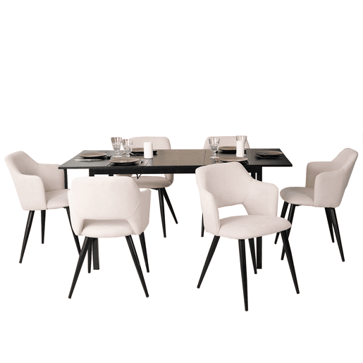 MEUBLES COSY Conjunto Jantar Mesa Extensível 120-160 cm e Conjunto de 6 Cadeiras com Apoios de Braços, Tecido Pet-Friendly, Preto e Bege Claro